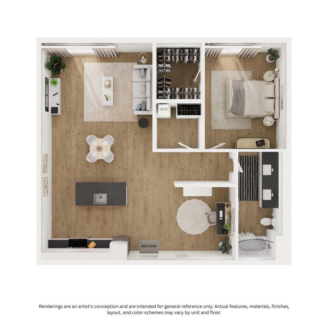 Floor plan for 1 bed, 1 bath, 882 sqft
